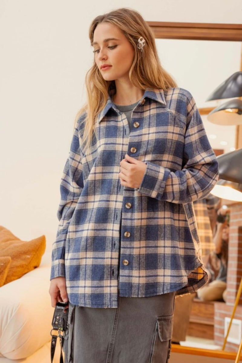 Oversized Fleece Plaid Button Down Top