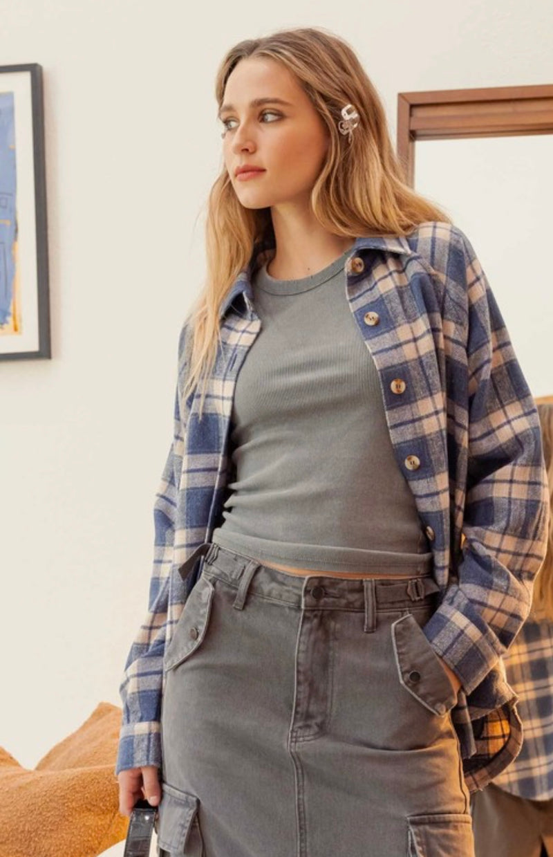 Oversized Fleece Plaid Button Down Top