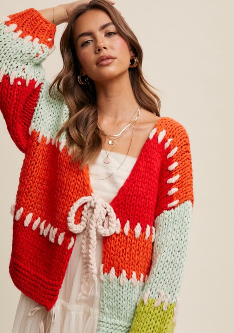 Happy Holiday Hand Crochet Tie Front Cardigan