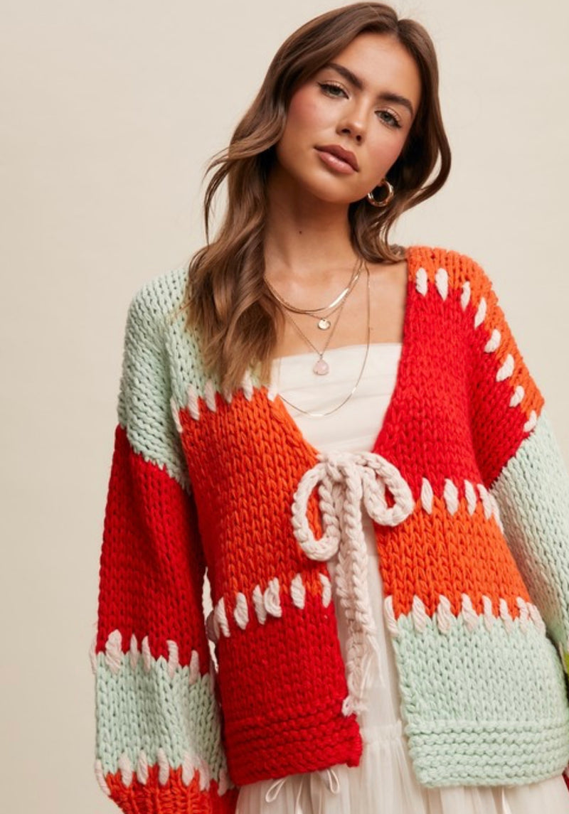 Happy Holiday Hand Crochet Tie Front Cardigan