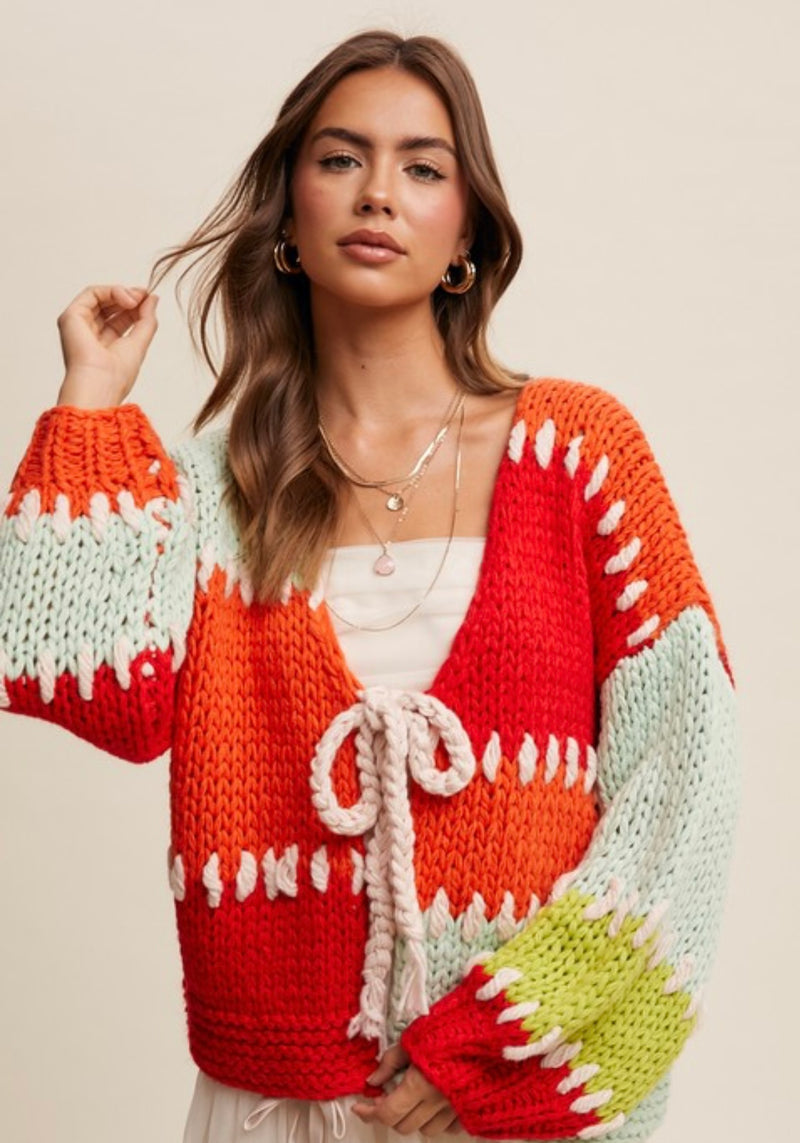 Happy Holiday Hand Crochet Tie Front Cardigan