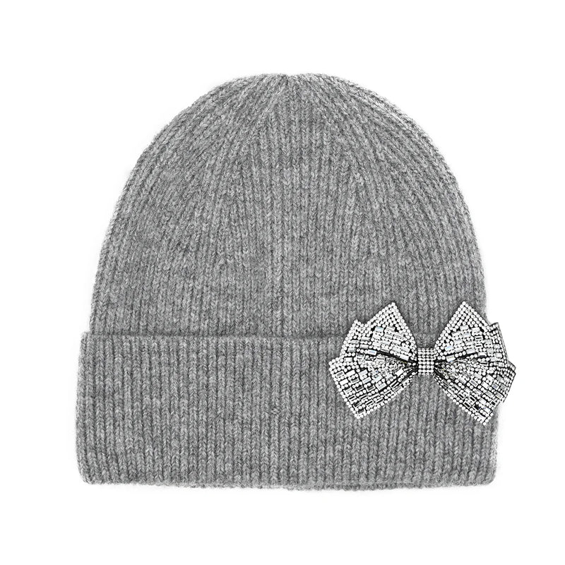 Rhinestone Bow Cuff Beanie