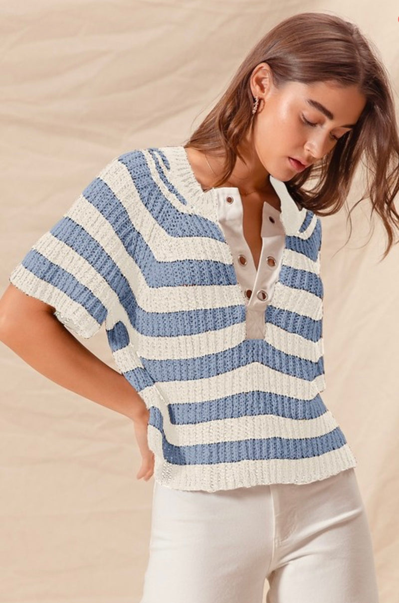 Eyelet Placket Stripe Sweater