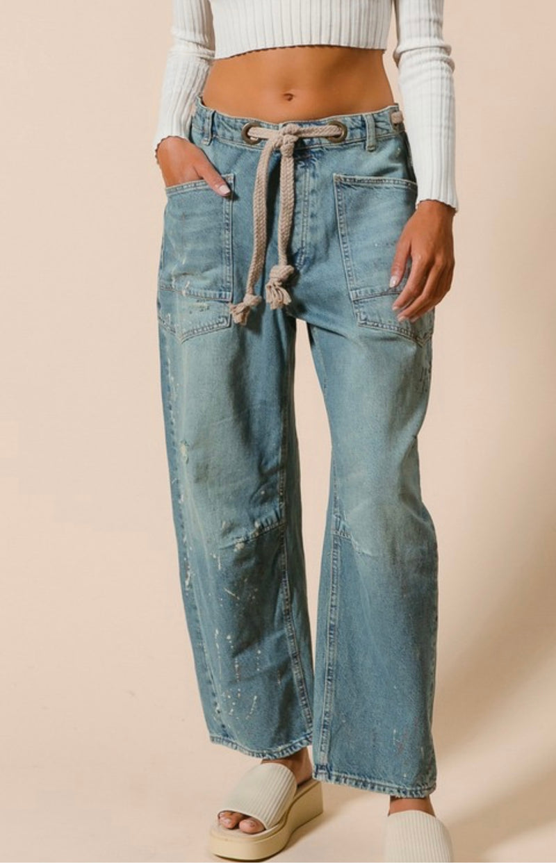 Paint Splatter Barrel Jeans w/Tie Belt