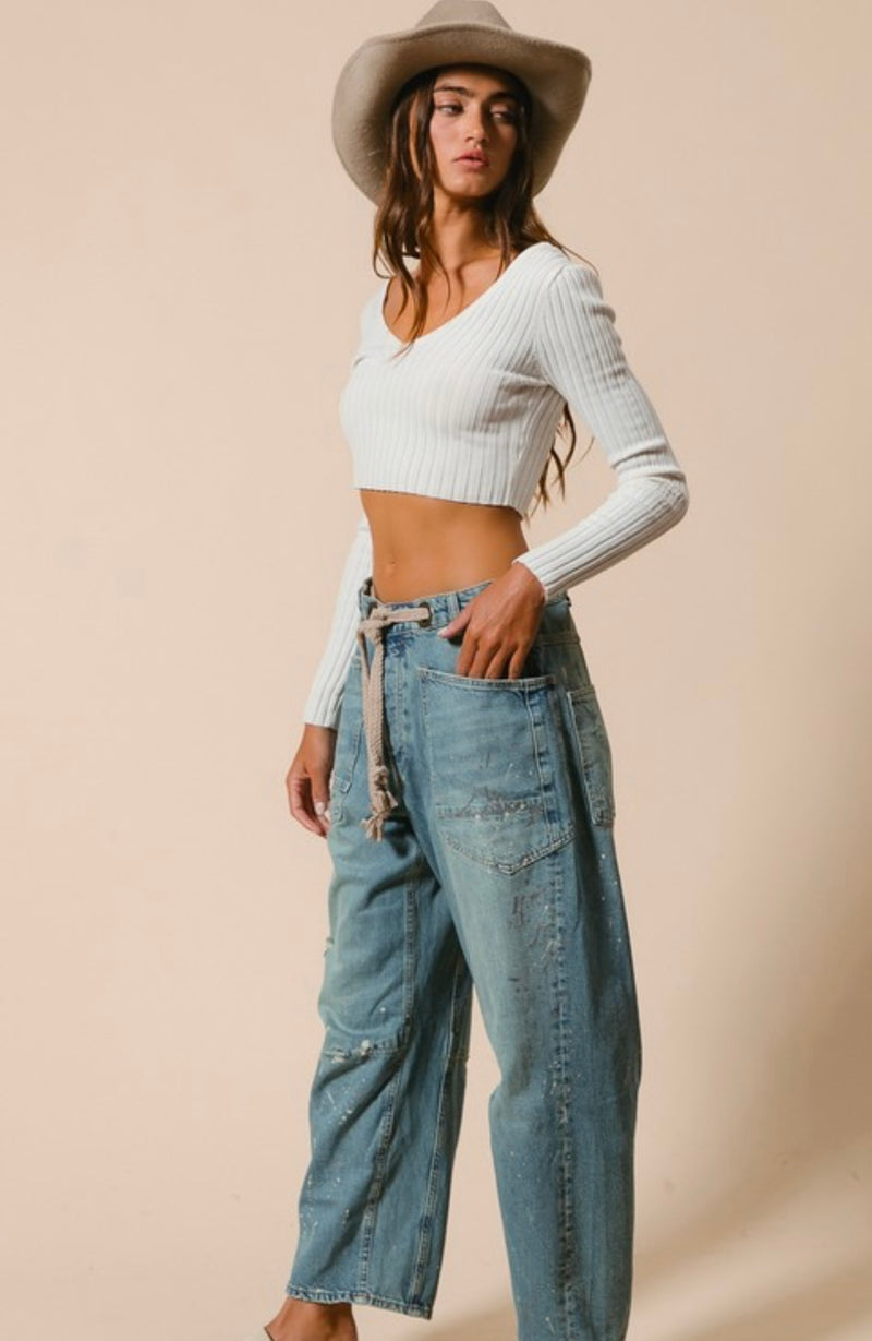 Paint Splatter Barrel Jeans w/Tie Belt