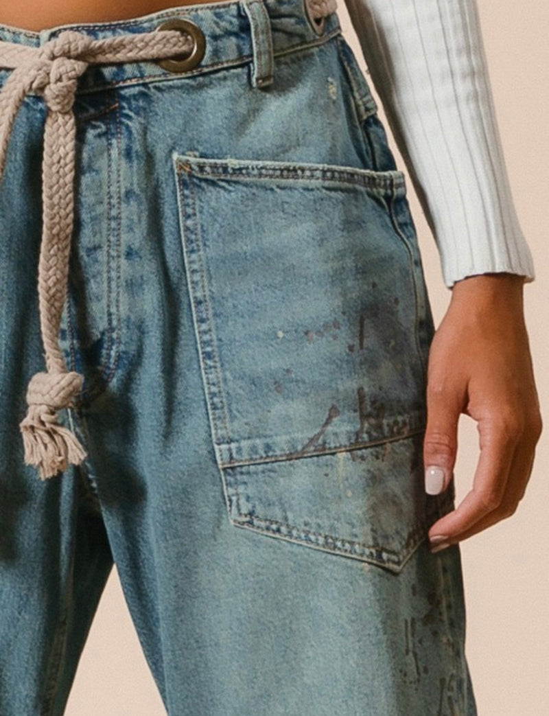Paint Splatter Barrel Jeans w/Tie Belt