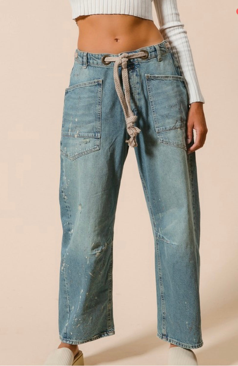 Paint Splatter Barrel Jeans w/Tie Belt