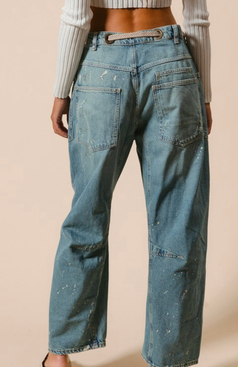 Paint Splatter Barrel Jeans w/Tie Belt