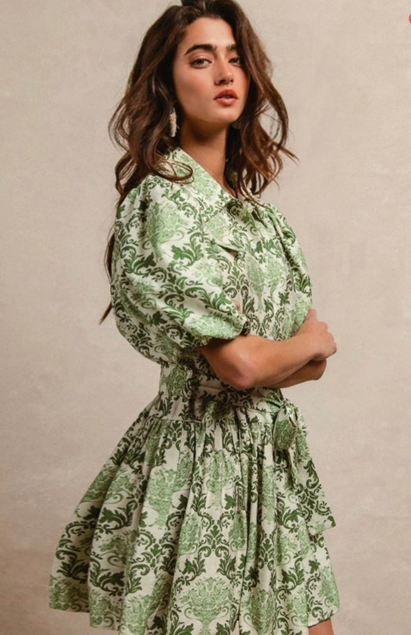 Ceramic Pattern Puff Sleeve Shirt Dress