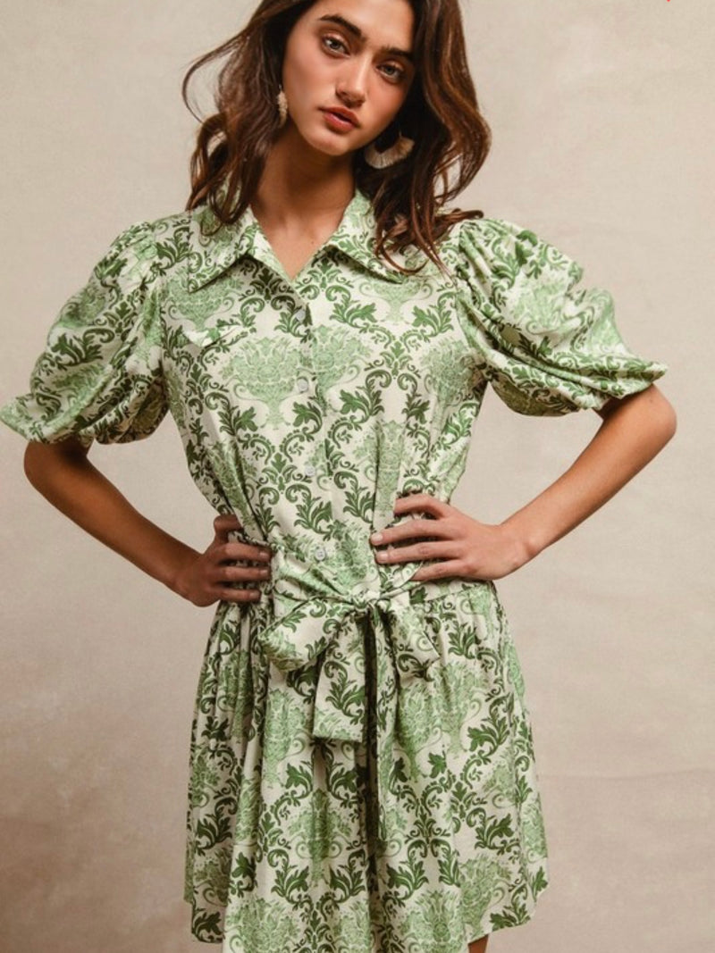 Ceramic Pattern Puff Sleeve Shirt Dress