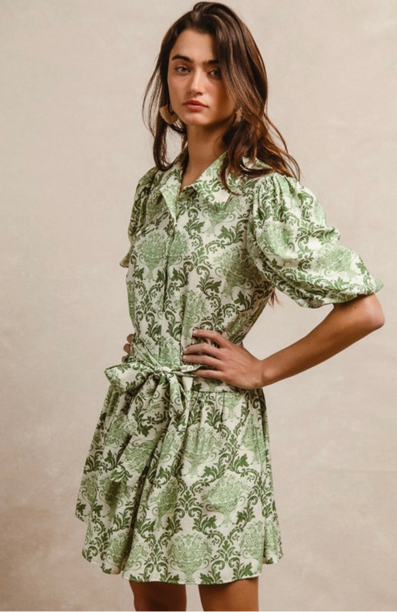Ceramic Pattern Puff Sleeve Shirt Dress