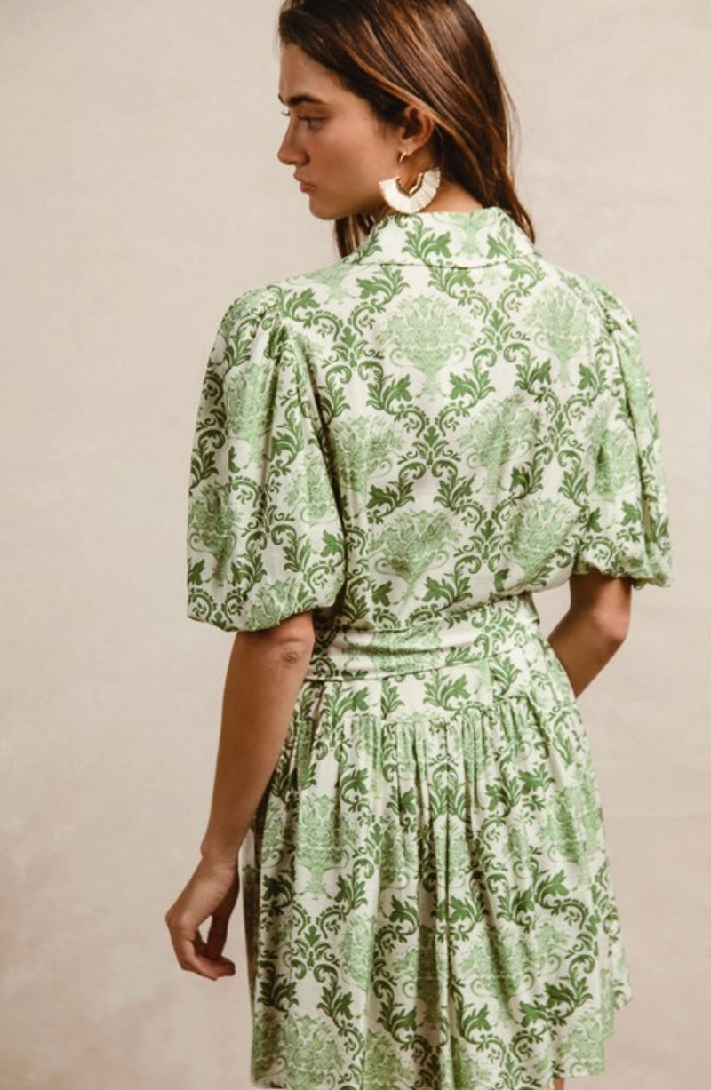 Ceramic Pattern Puff Sleeve Shirt Dress