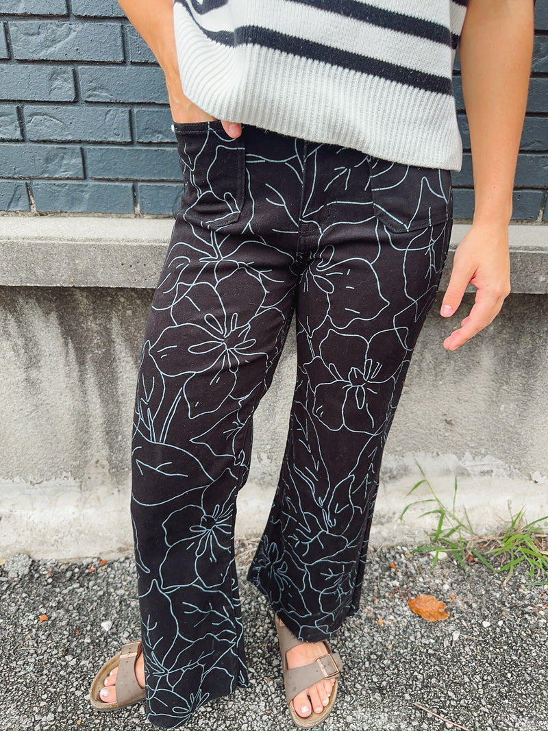 Monochrome Floral Print Wide Leg Jean