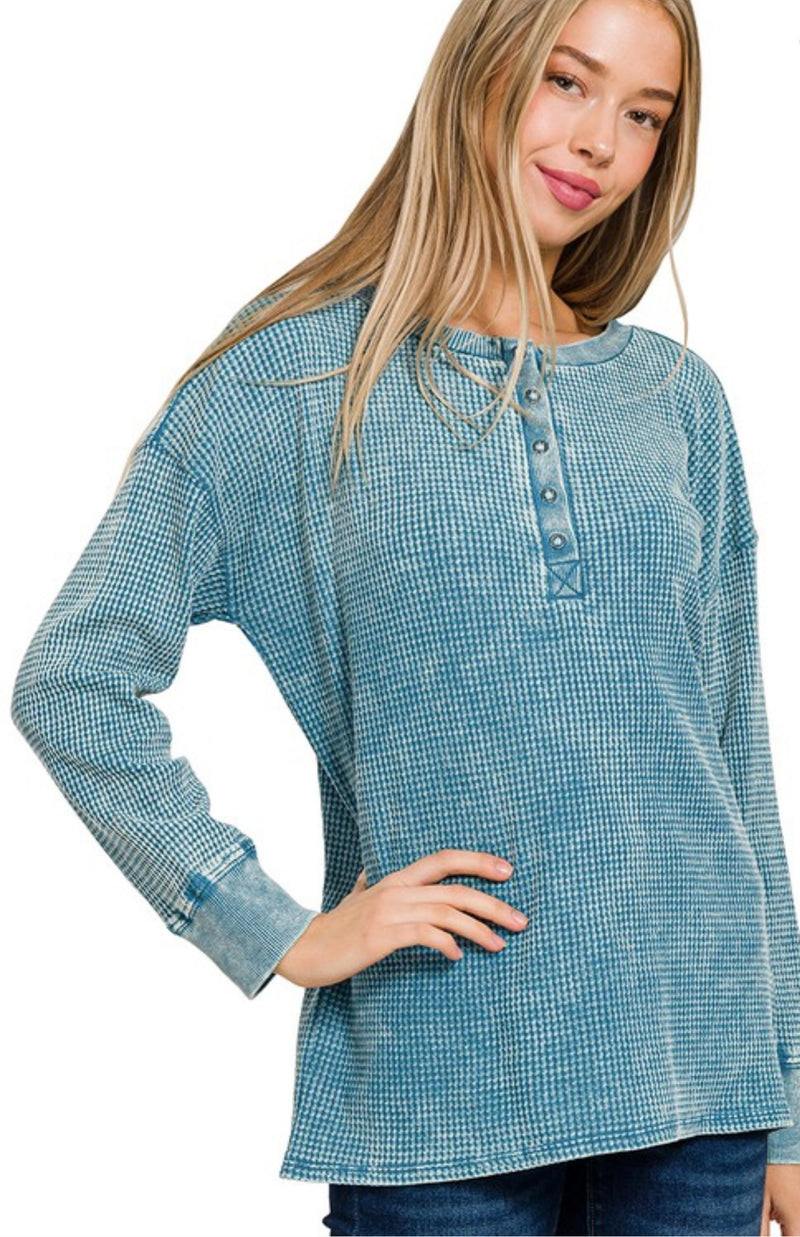 Washed Waffle Henley Long Sleeve Top