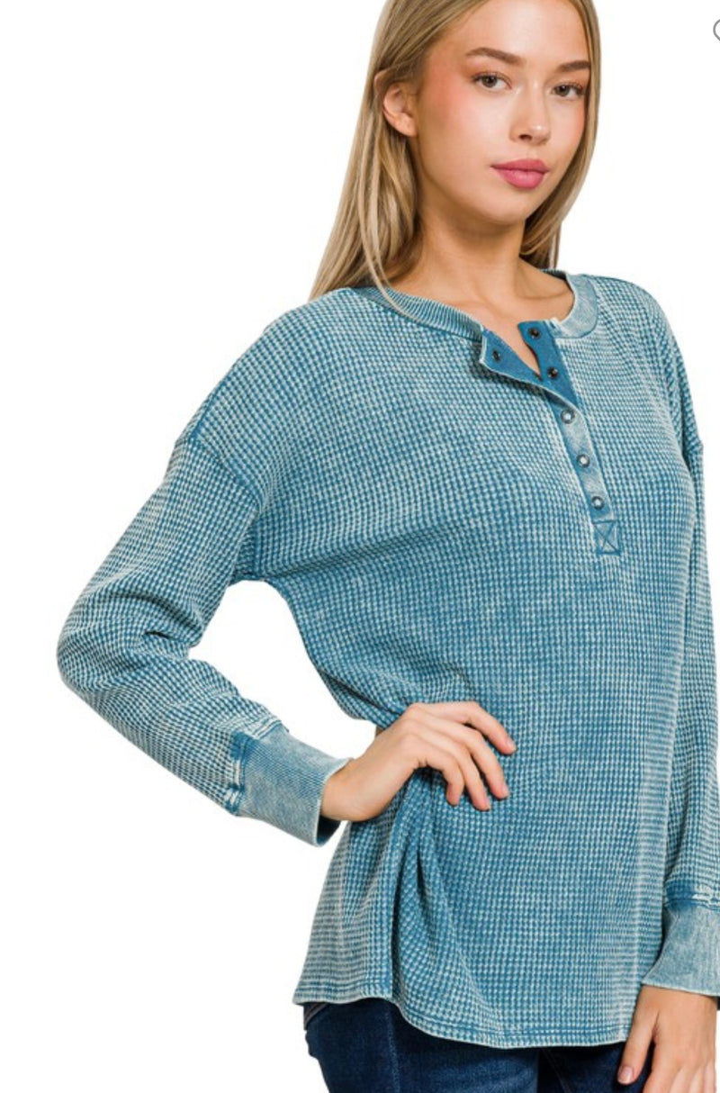 Washed Waffle Henley Long Sleeve Top