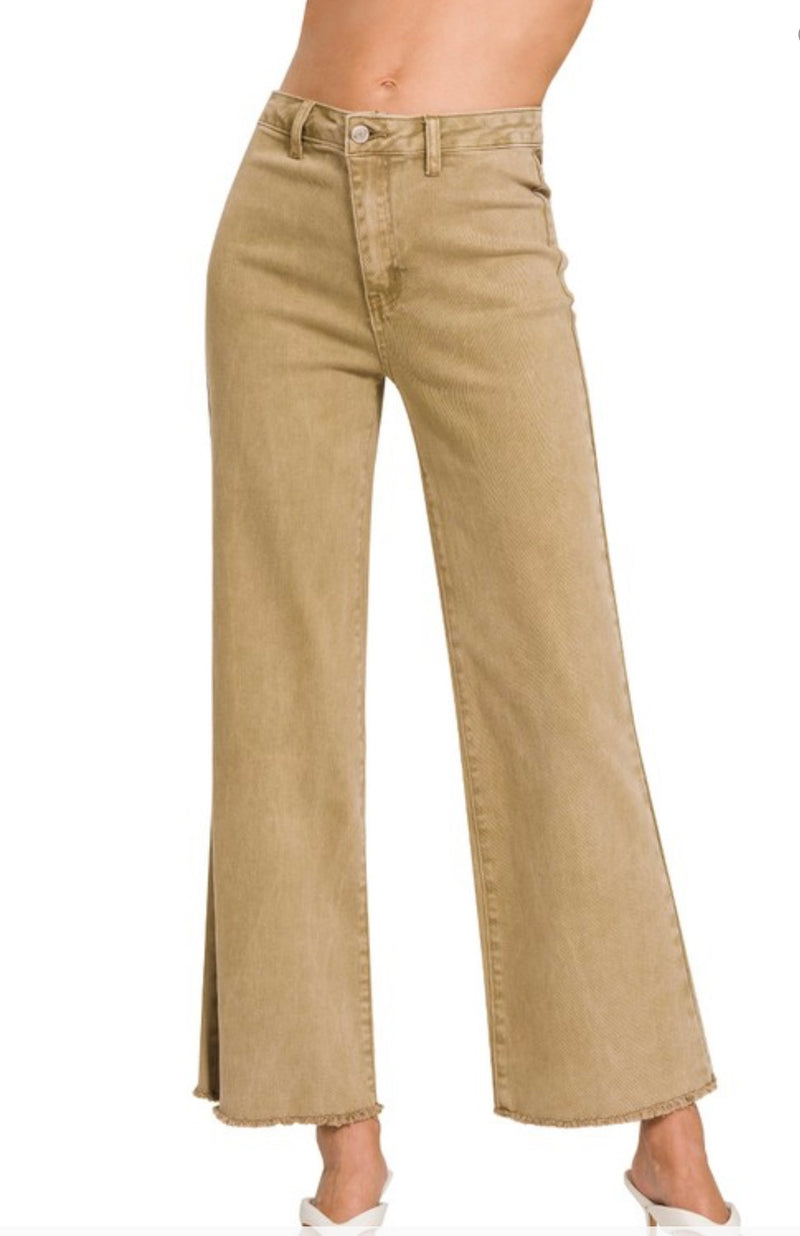Acid Washed Frayed Cutoff Hem Straight Wide Jean