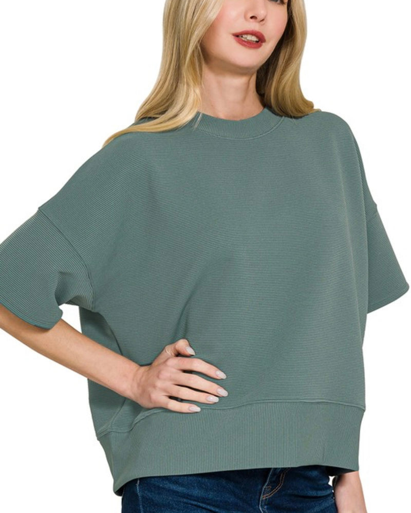 Ribbed Round Neck Waist Banded Tee