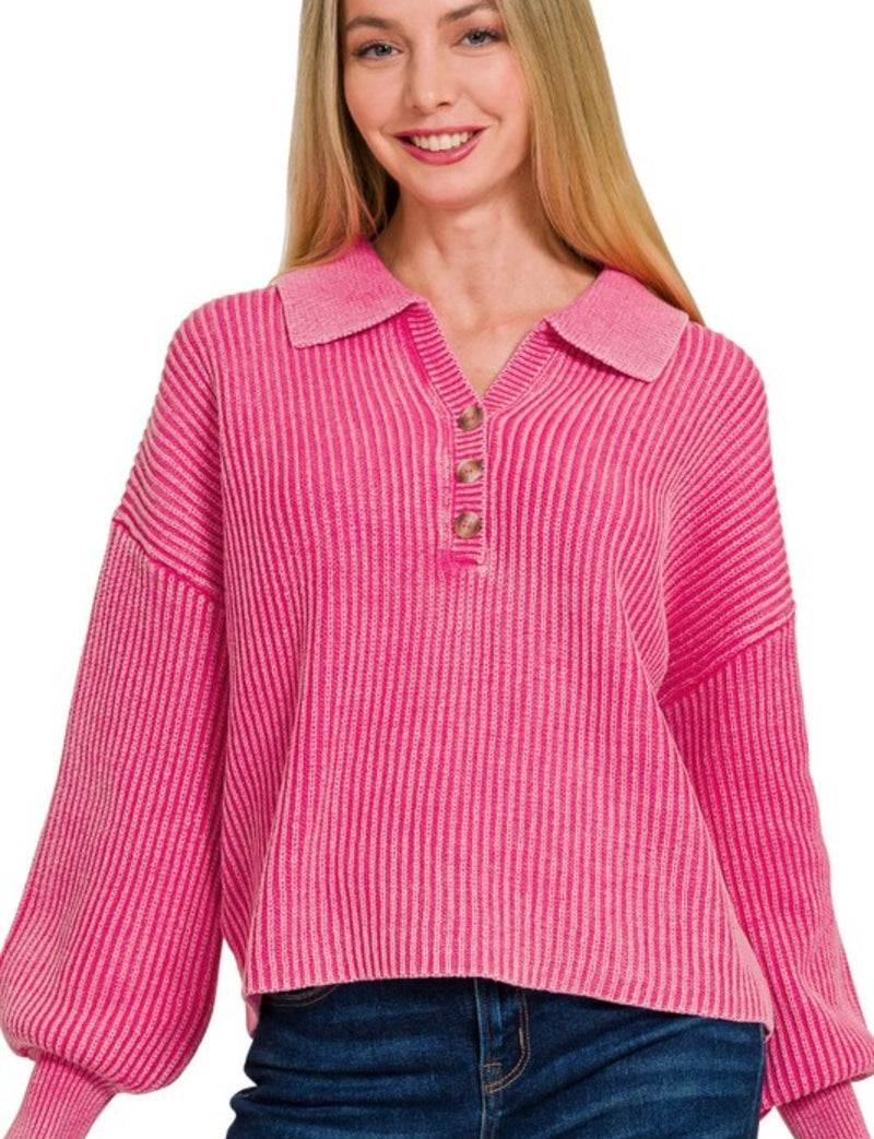 Washed Collared Henley Sweater