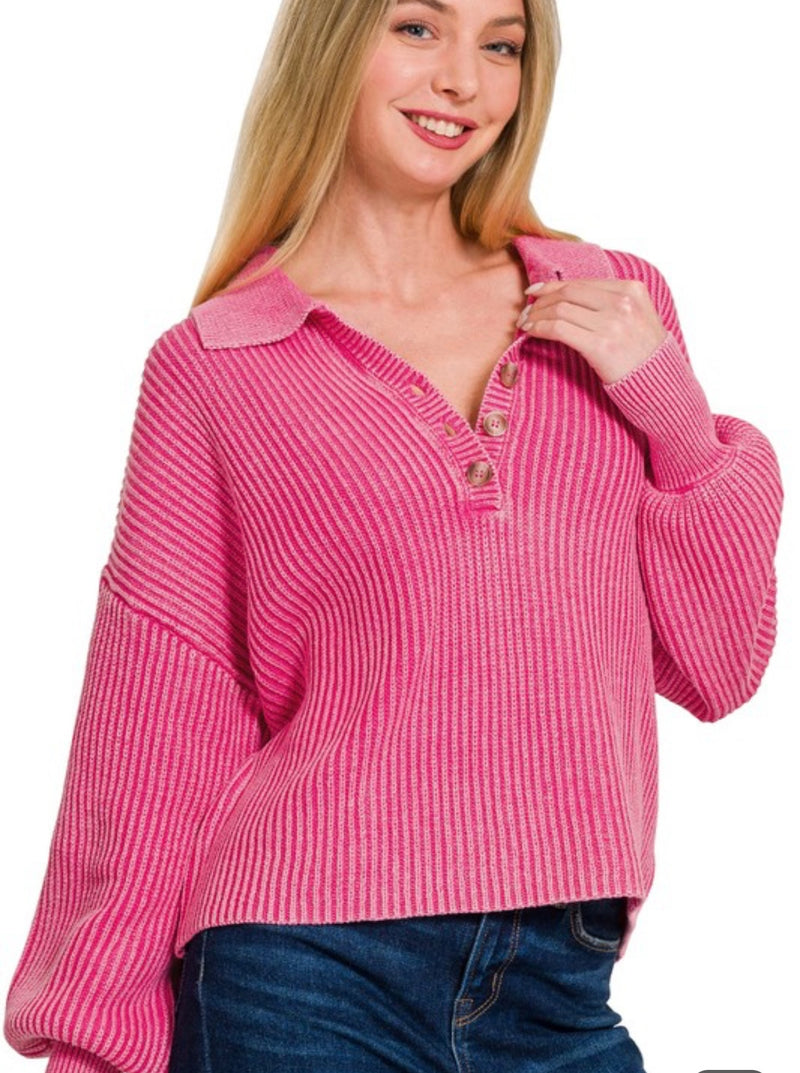 Washed Collared Henley Sweater