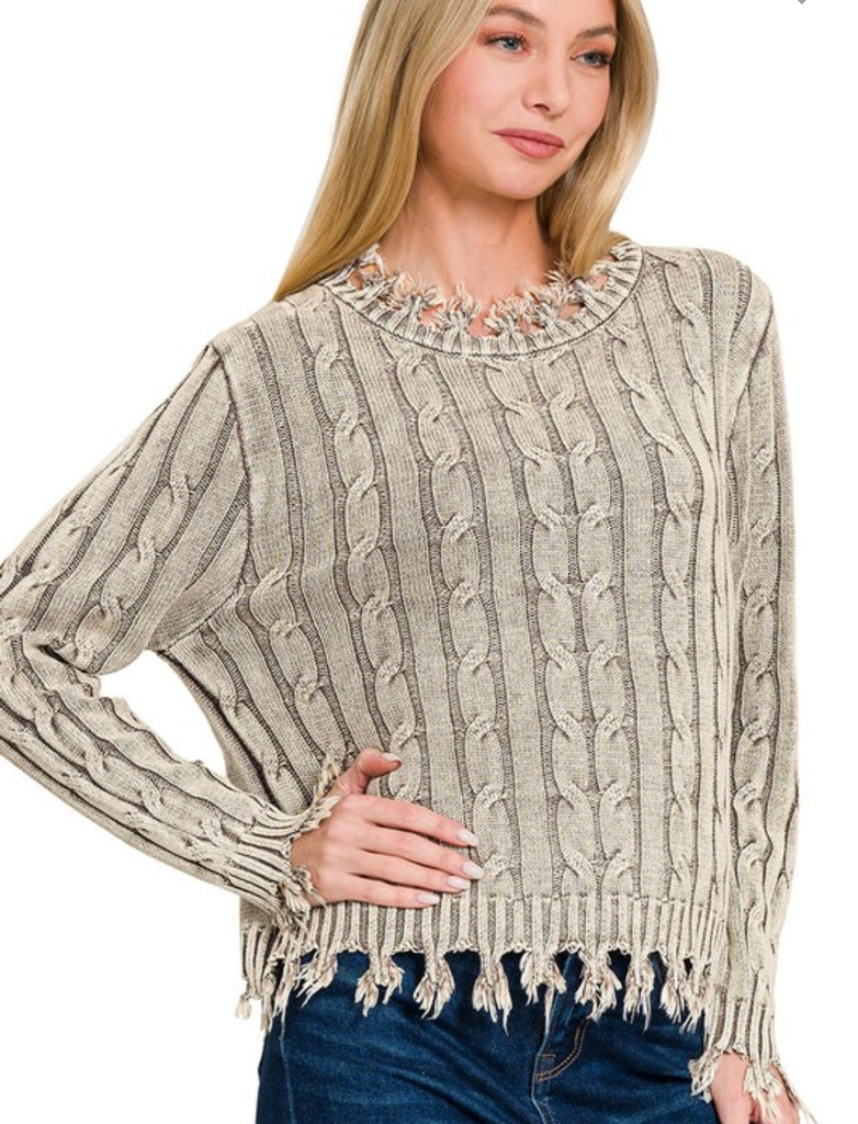 Washed Cable Knit Fringe Sweater – Twisted Oak Boutique