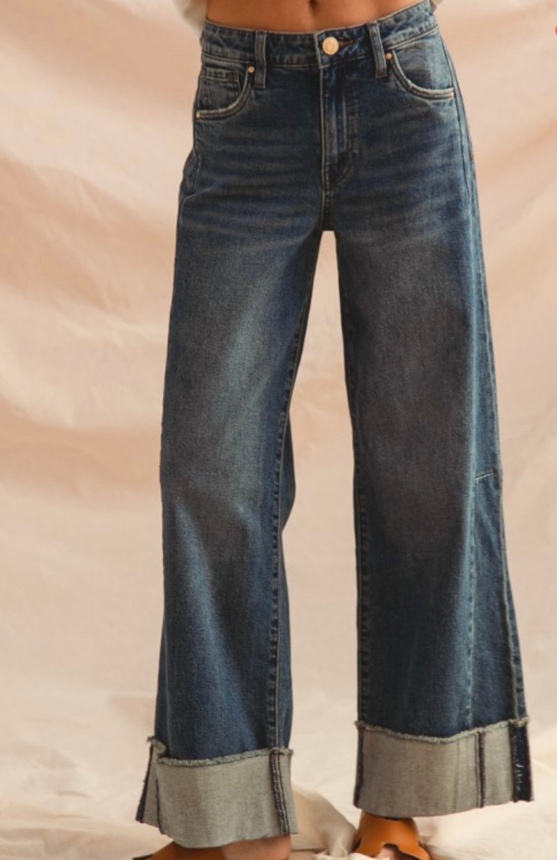 Saylor Wide Leg Denim W/ Frayed Roll Up Cuff