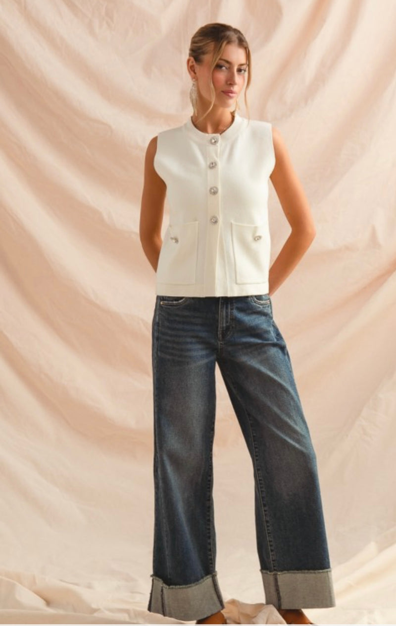 Saylor Wide Leg Denim W/ Frayed Roll Up Cuff