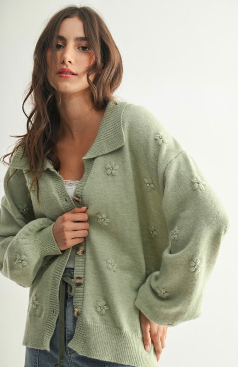 Cozy Cardigan W/ Floral Embellishments