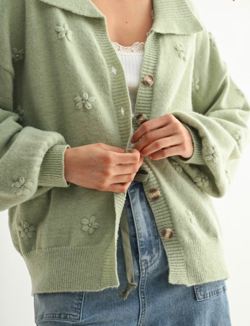 Cozy Cardigan W/ Floral Embellishments