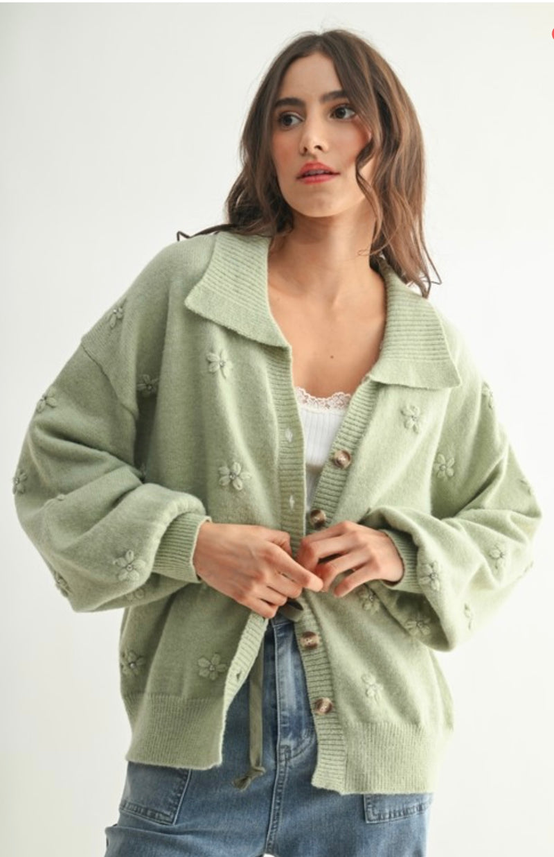 Cozy Cardigan W/ Floral Embellishments