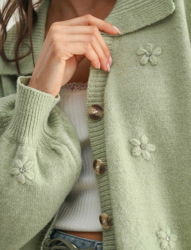 Cozy Cardigan W/ Floral Embellishments
