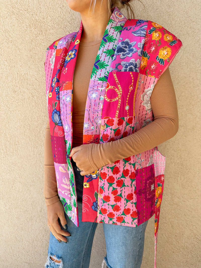 Floral Printed Panelled Lace-Up Quilted Vest