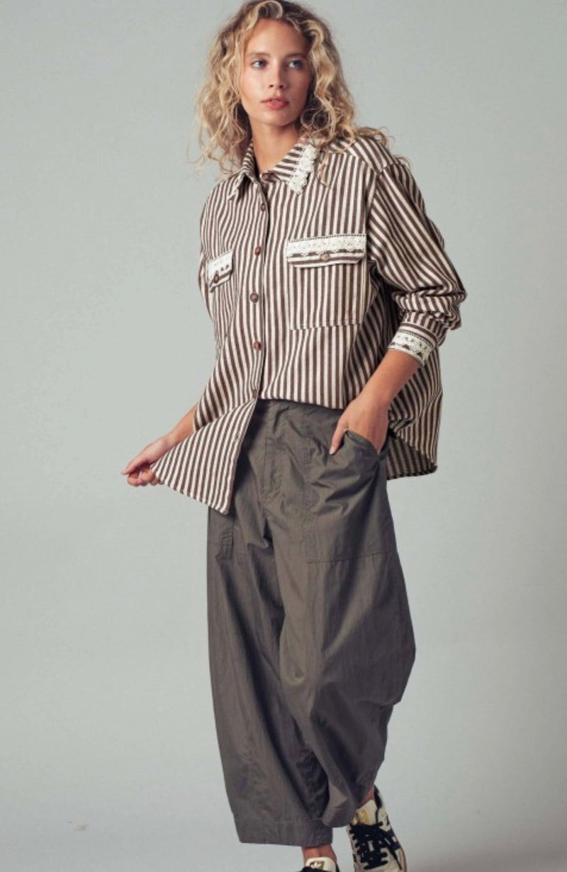 Sadie Brown Striped Shirt W/ Lace Trim