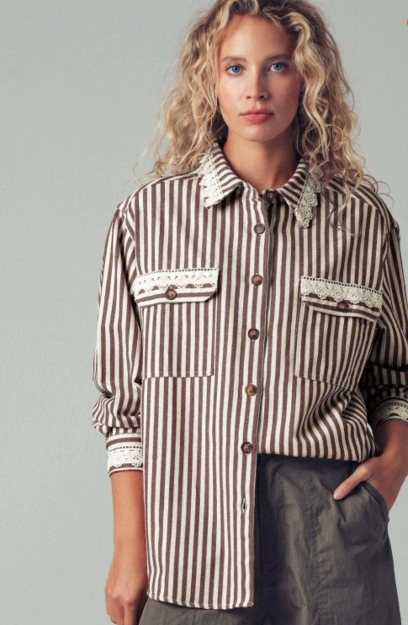Sadie Brown Striped Shirt W/ Lace Trim