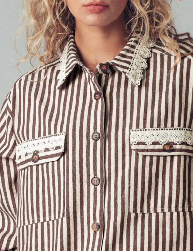 Sadie Brown Striped Shirt W/ Lace Trim