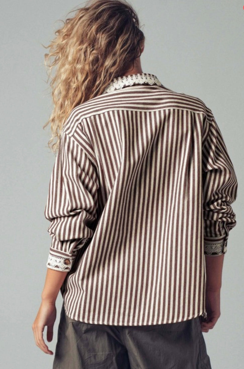 Sadie Brown Striped Shirt W/ Lace Trim