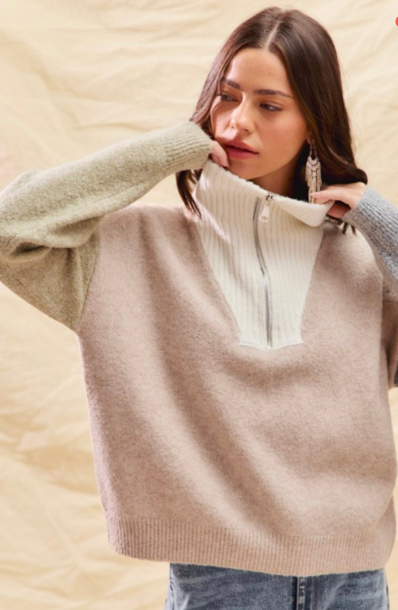 Color Block Zip Up Sweater