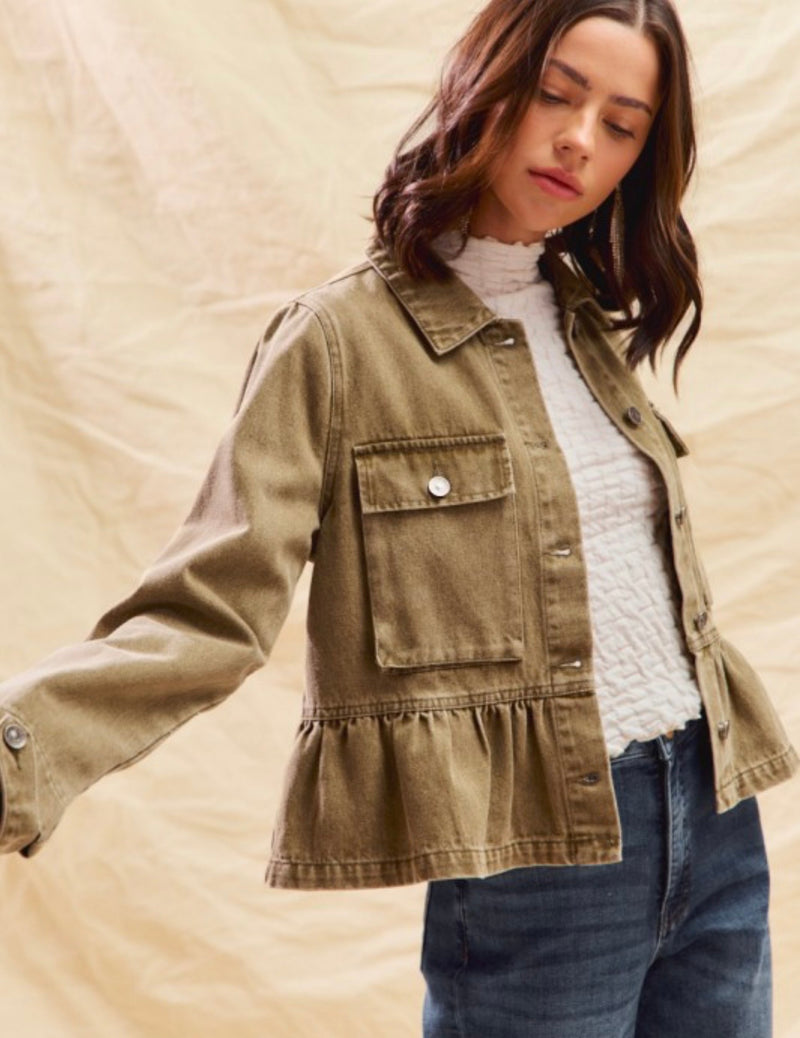 Denim Peplum Jacket With Pockets