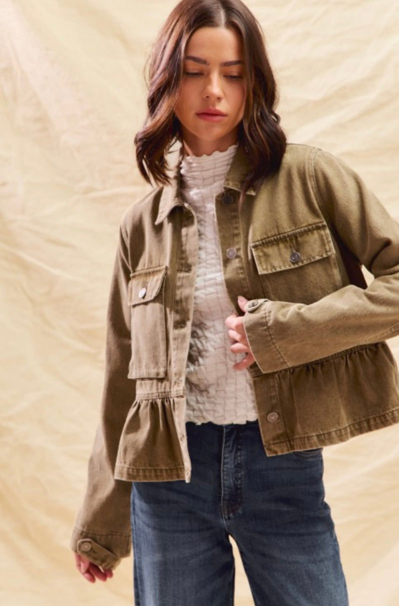 Denim Peplum Jacket With Pockets