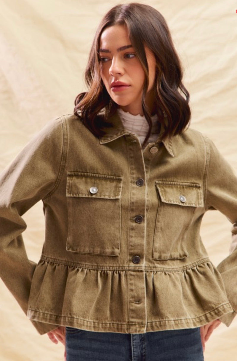 Denim Peplum Jacket With Pockets