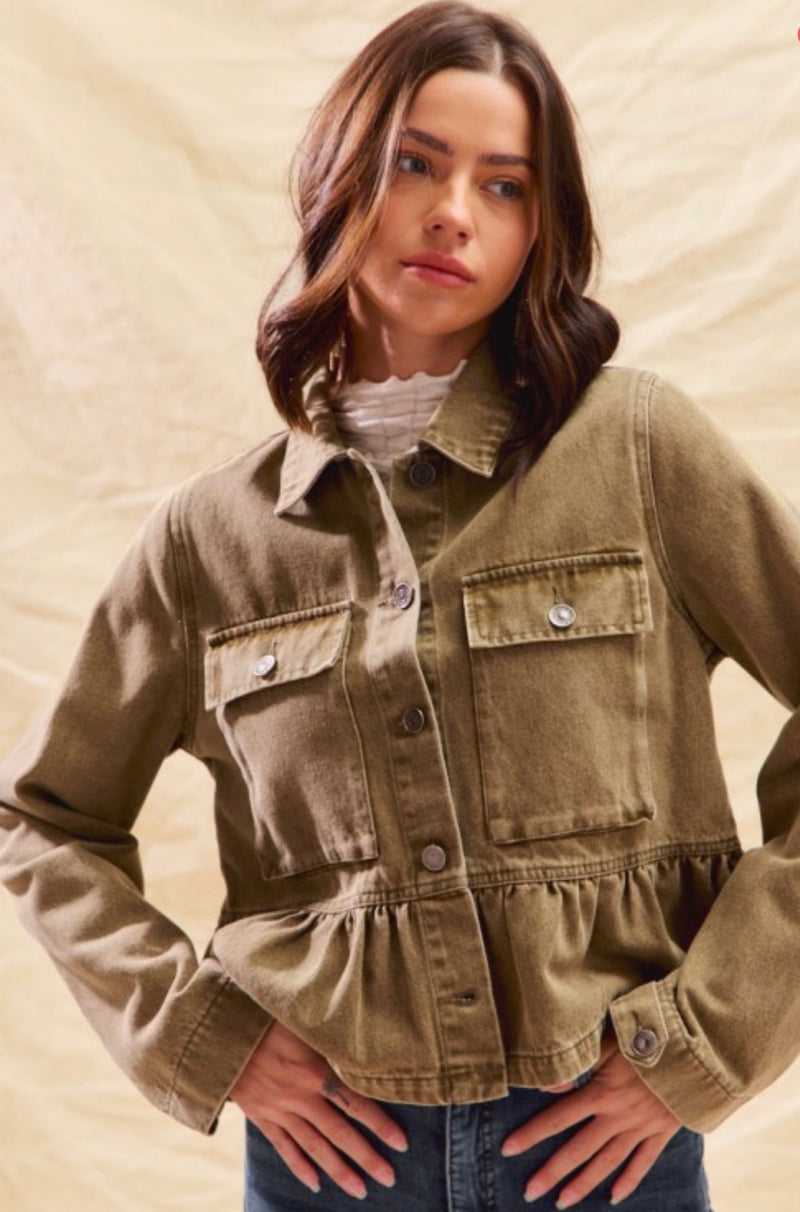 Denim Peplum Jacket With Pockets