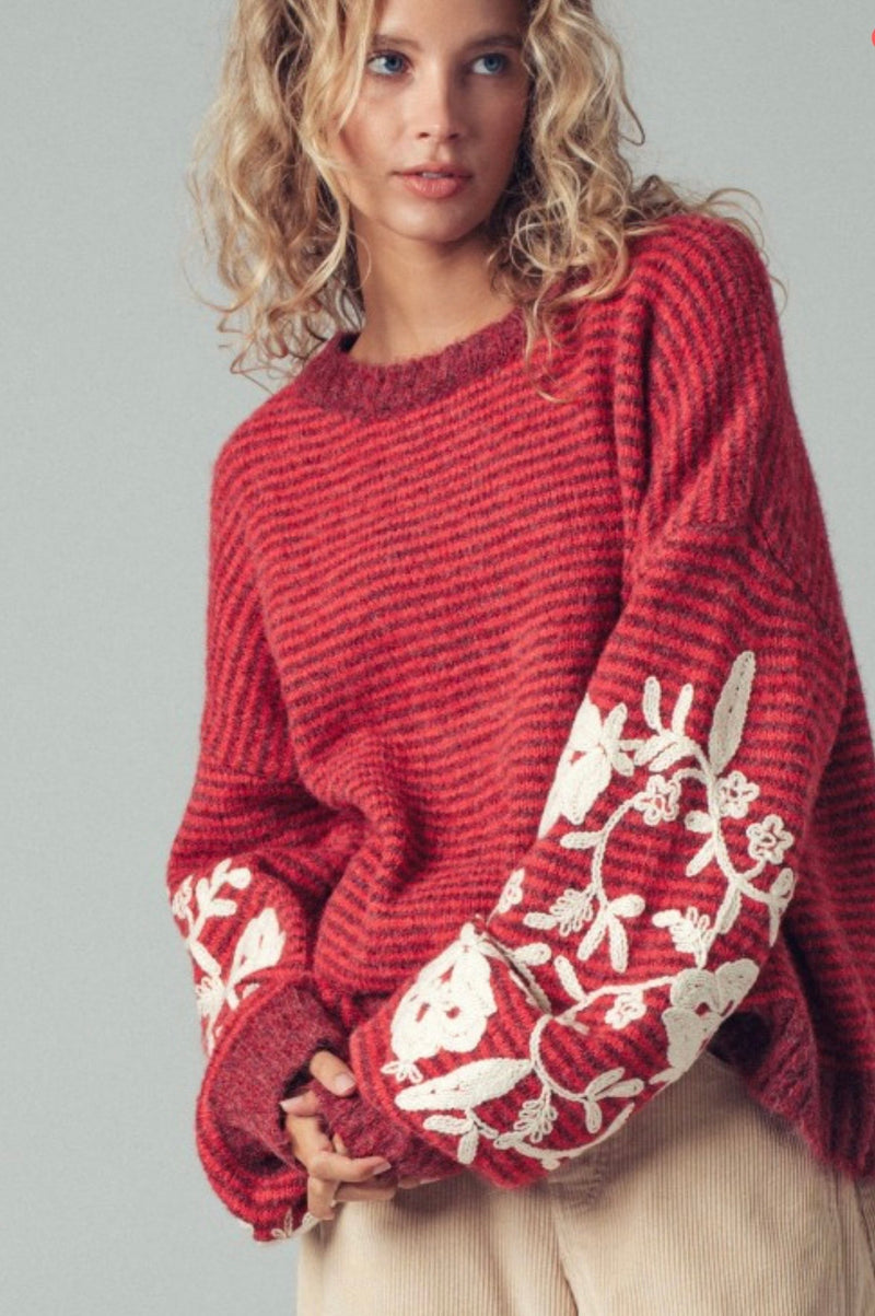 Striped Sweater W/ Embroidered Sleeves