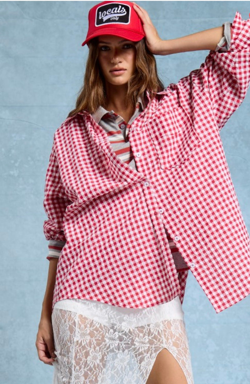 Gingham Print Oversized Button Up