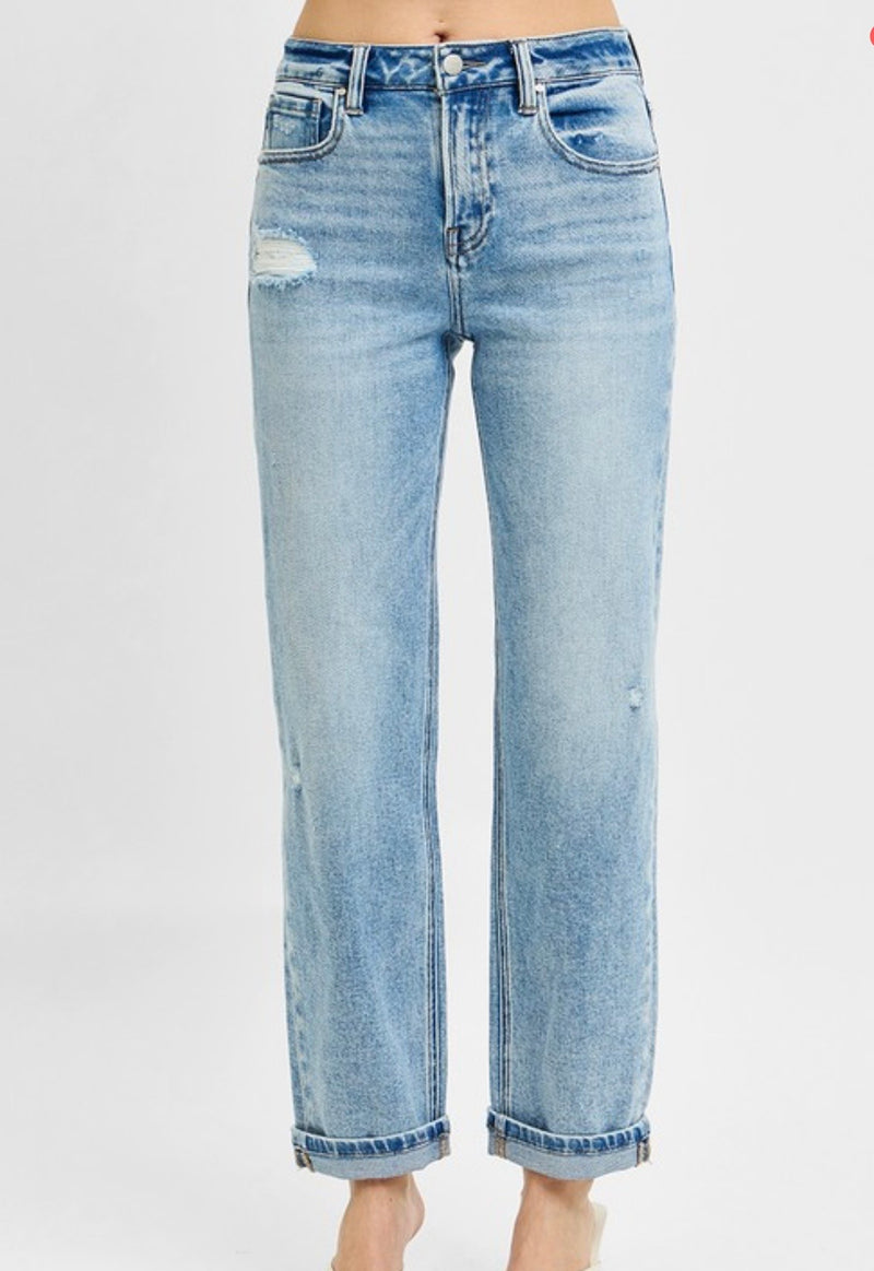 High Rise Ankle Boyfriend Distressed Jean