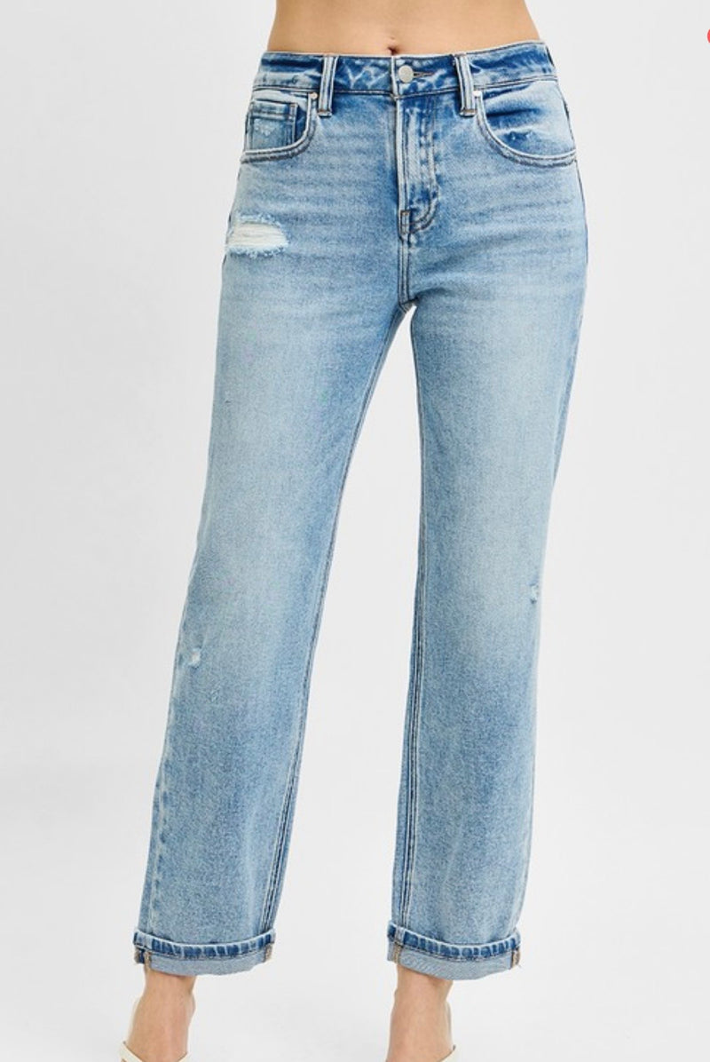 High Rise Ankle Boyfriend Distressed Jean