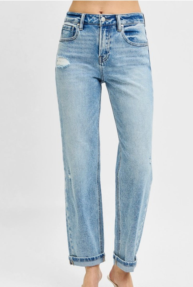 High Rise Ankle Boyfriend Distressed Jean