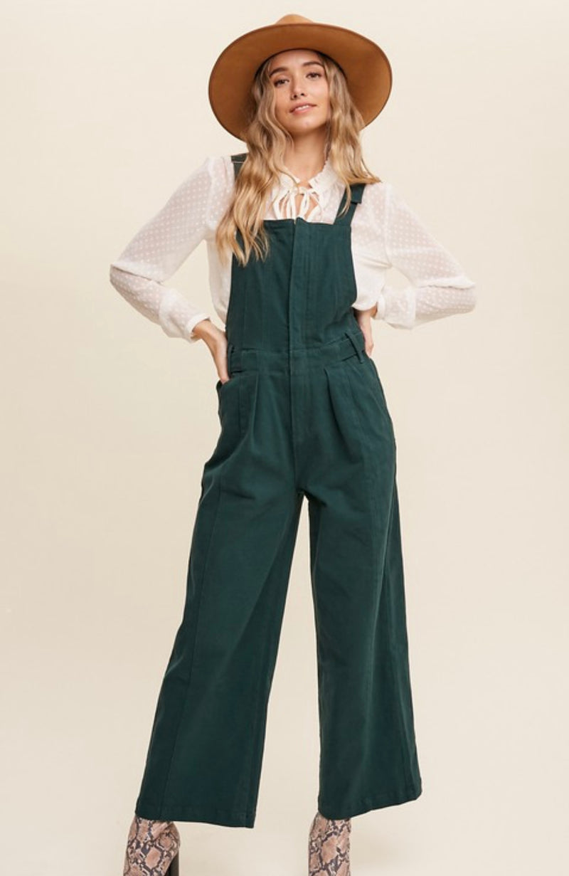 Deep Green Front Zipper Denim Overalls