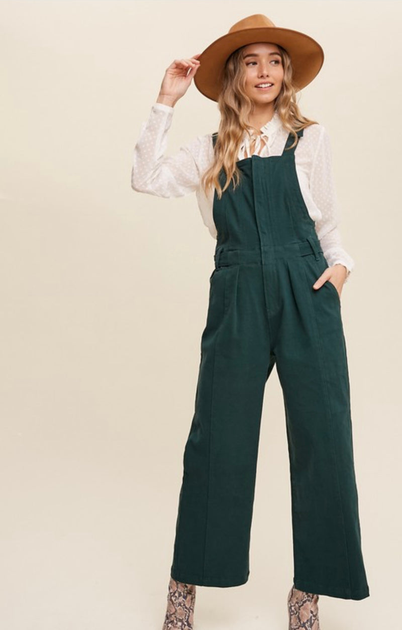 Deep Green Front Zipper Denim Overalls