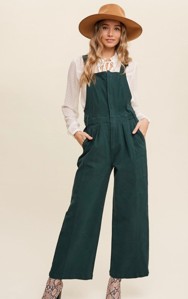 Deep Green Front Zipper Denim Overalls