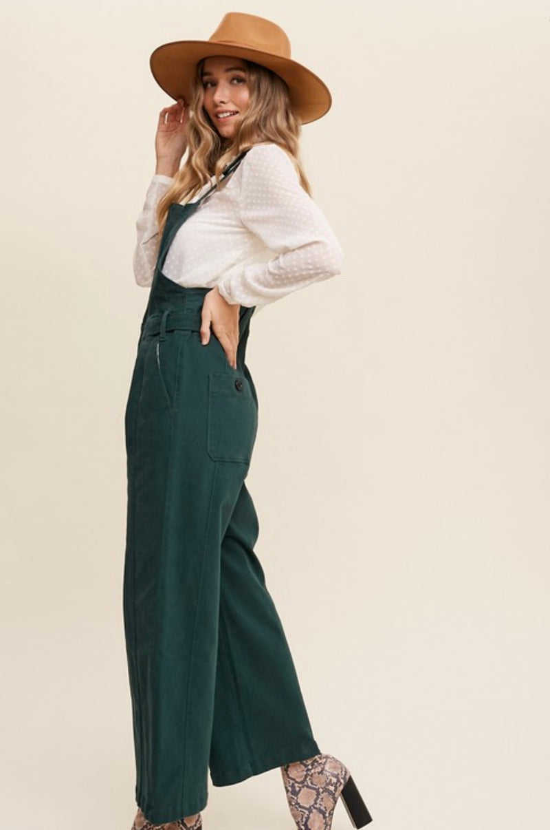 Deep Green Front Zipper Denim Overalls