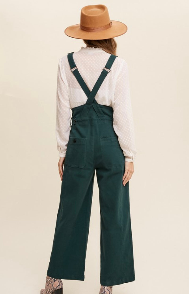 Deep Green Front Zipper Denim Overalls